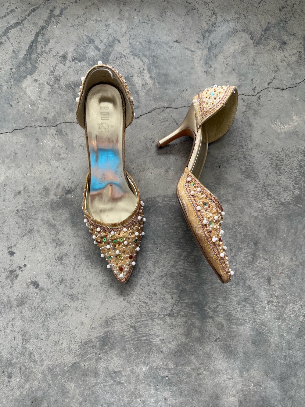 Embellished Gold Pointed-Toe Heels - Women